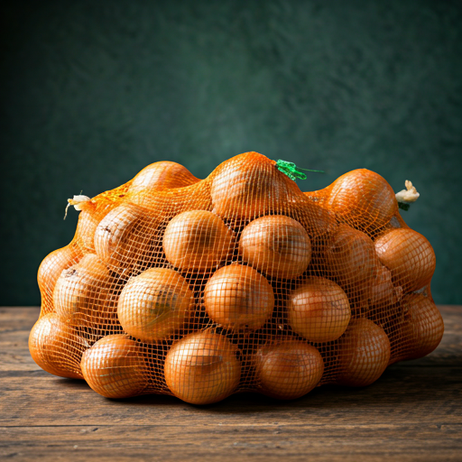 Fresh graded onions in mesh bags